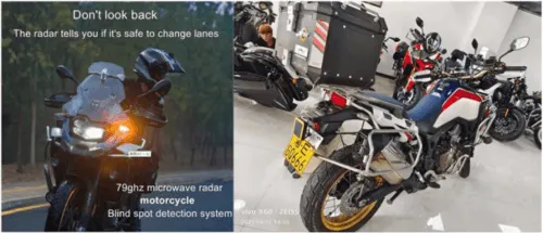 Motorcycle blind spot detection system BSD 77G