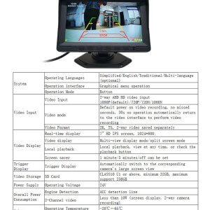 K3-1 parking sensor camera system parameters