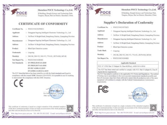 blind spot monitor CE FC Certificate